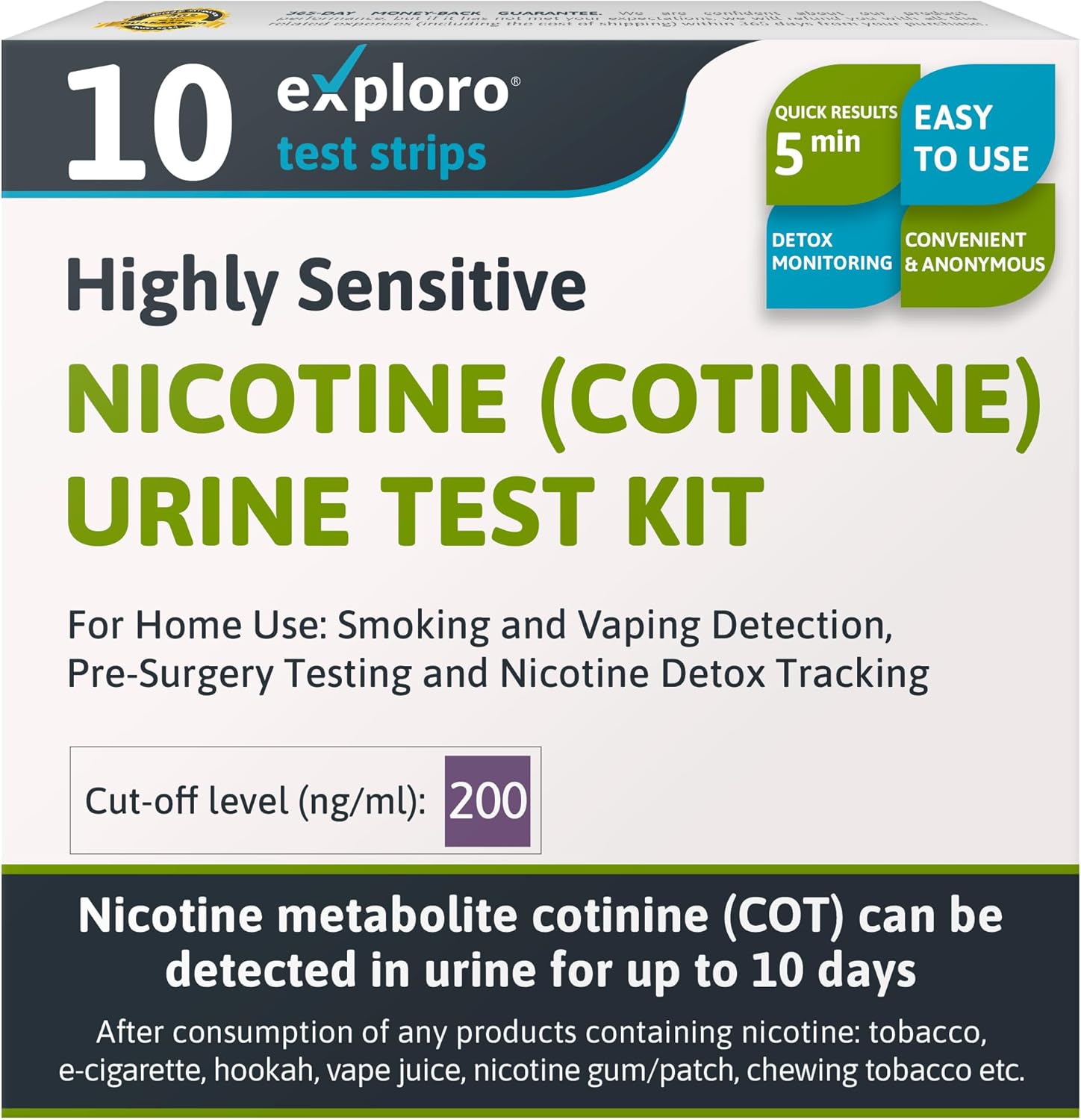 Exploro Nicotine Testing Kit at Home, Cotinine Urine Test, Highly Sensitive Nicotine Test Strips for Urine, Nicotine Test, Accurate Nicotene Test & Vape Test for Cut-Off Level 200 ng/ml (Pack of 10)