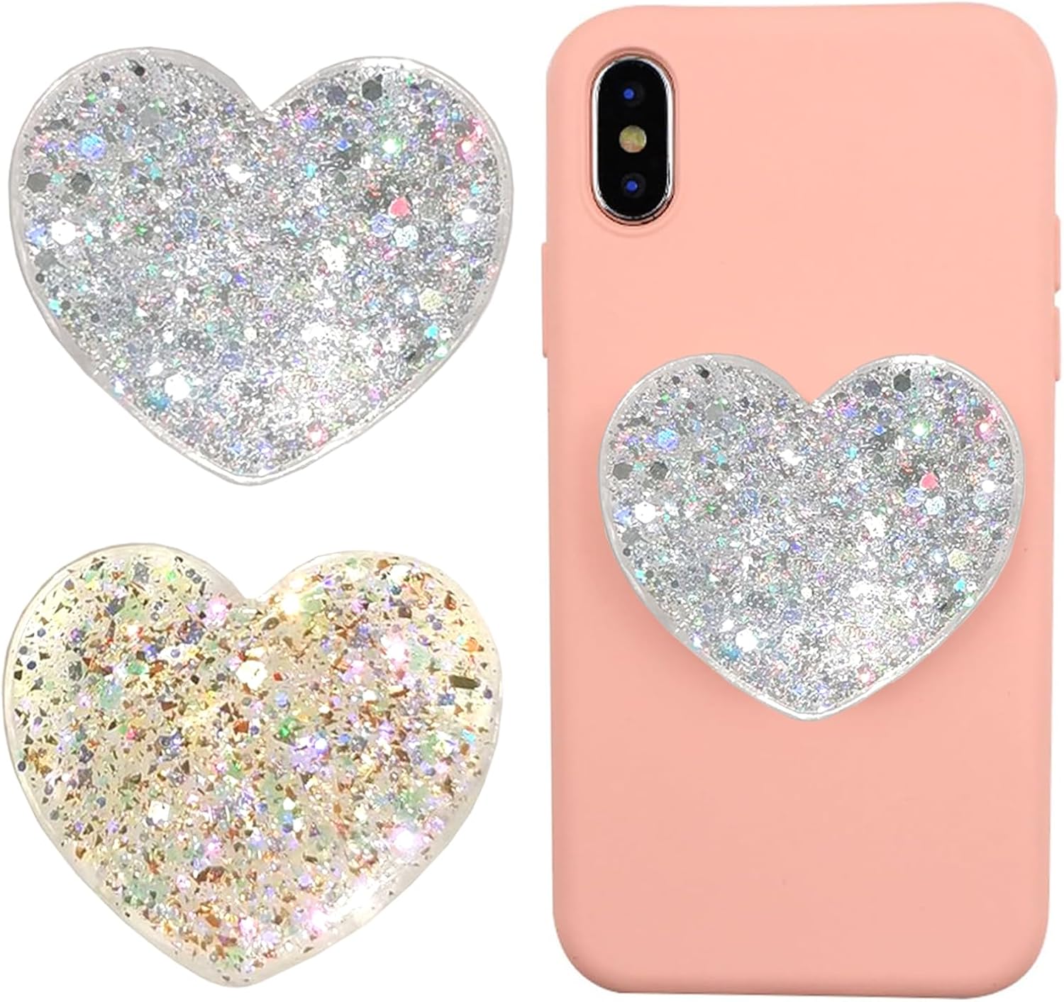 Set of 2 Universal Heart-Shaped Phone Grip Holder with Stand,Finger Grip with Kickstand - Compatible with Smartphones, Mobiles & Cases,Gold and Silver