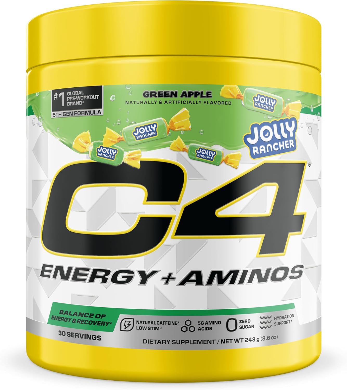 C4 Energy + Aminos Powder Jolly Rancher Green Apple, 5g BCAAs & EAAs for Muscle Recovery, 3 Electrolytes for Hydration, 100mg Natural Caffeine, Pre Workout, Zero Sugar, 30 Servings