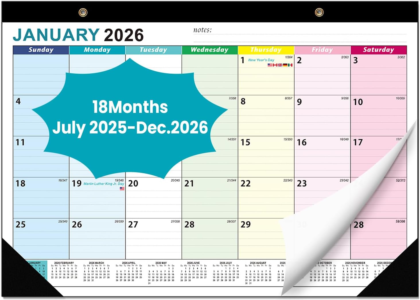 COMIX 18 Month Desk Calendar 2025-2026 (July 2025–Dec 2026) – 17" x 12" Wall Calendar with to-Do List & Notes,2026 Calendar Monthly Planner for Home, School, or Office Organization