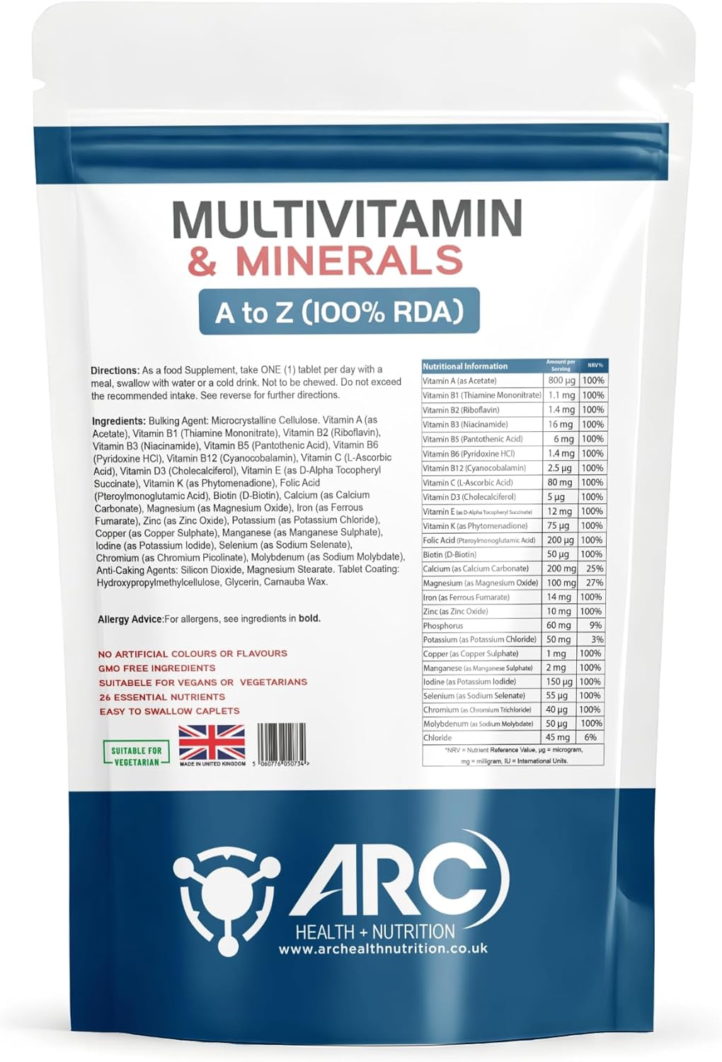 Multivitamins & Minerals - 60 Vegan Multivitamin Tablets - Multivitamin Tablets for Men and Women with 27 Essential Active Vitamins & Minerals - Like Iron, Zinc, & Vitamin D Nutritional Supplement