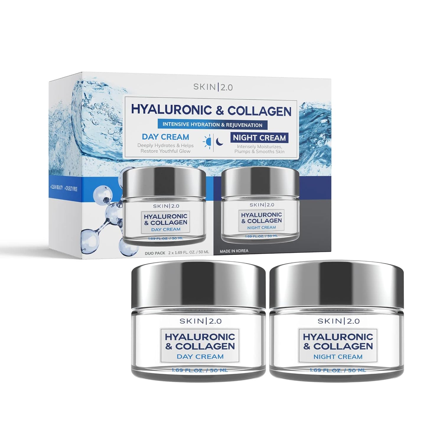 Vitamin C and Collagen Day & Night Face Moisturizer Duo Pack - Dermatologist Tested - Anti-Aging, Brightening Day Cream - Cruelty Free Korean Skin Care For All Skin Types - 1.69 Fl. oz x2