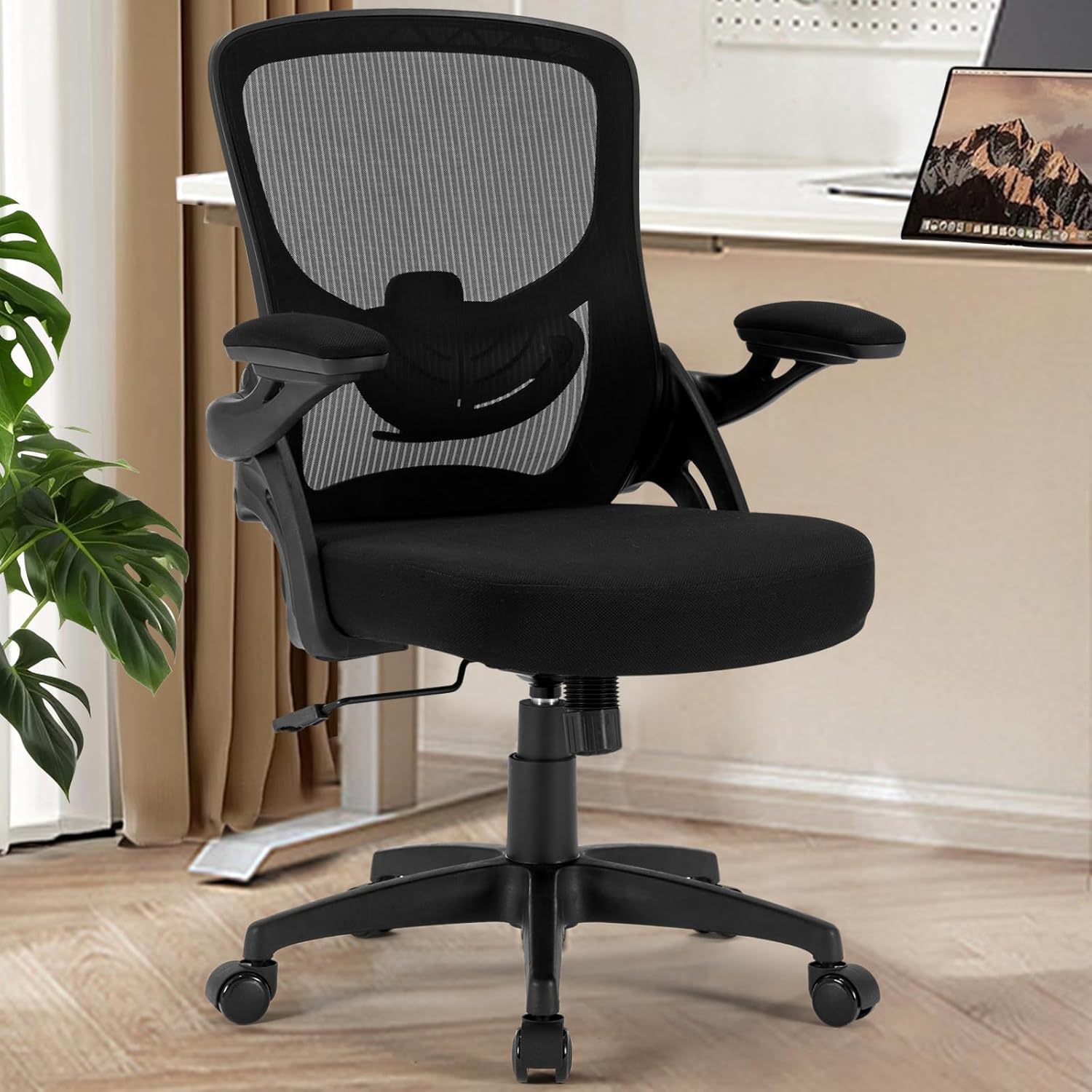 Office Chair Ergonomic Desk Chair Mesh Computer Chair Foam Adjustable Lumbar Support Flip-up Arms Home Office Desk Chair 300 lbs, Black