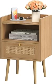Rattan Nightstand with Charging Station, Mid Century Modern Bed Side Table, Boho End Table with Wood Legs, Bedside Tables for Farmhouse Bedroom Living Room Dorm Sofa Couch Office Corner (Rattan)