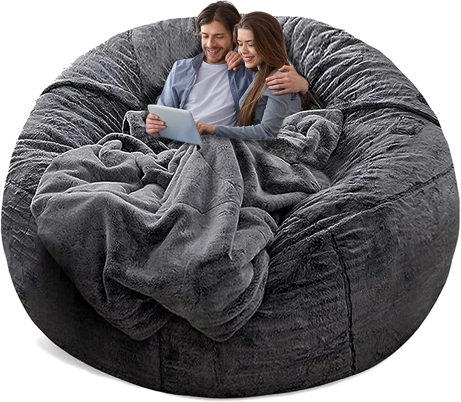 YudouTech Bean Bag Chair Cover Without Filler,Big Round Soft Fluffy PV Velvet Washable Bean Bag Lazy Sofa Bed Cover for Adults,Living Room Bedroom Furniture Outside,5ft dark grey