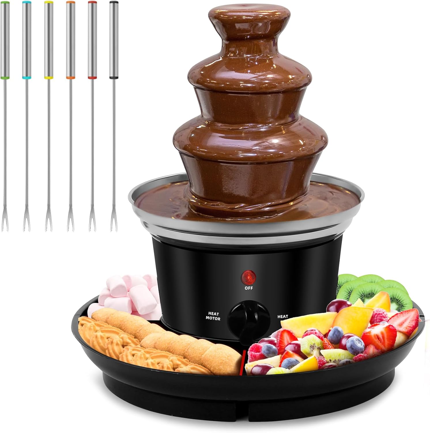 MINI Chocolate Fondue Fountain, 32-Ounce Stainless Steel Electirc Chocolate Fondue Set, 3-Tier Chocolate Melting Foundue Set with 6 Stainless Steel Forks for Chocolate, Butter, Candy (Black)