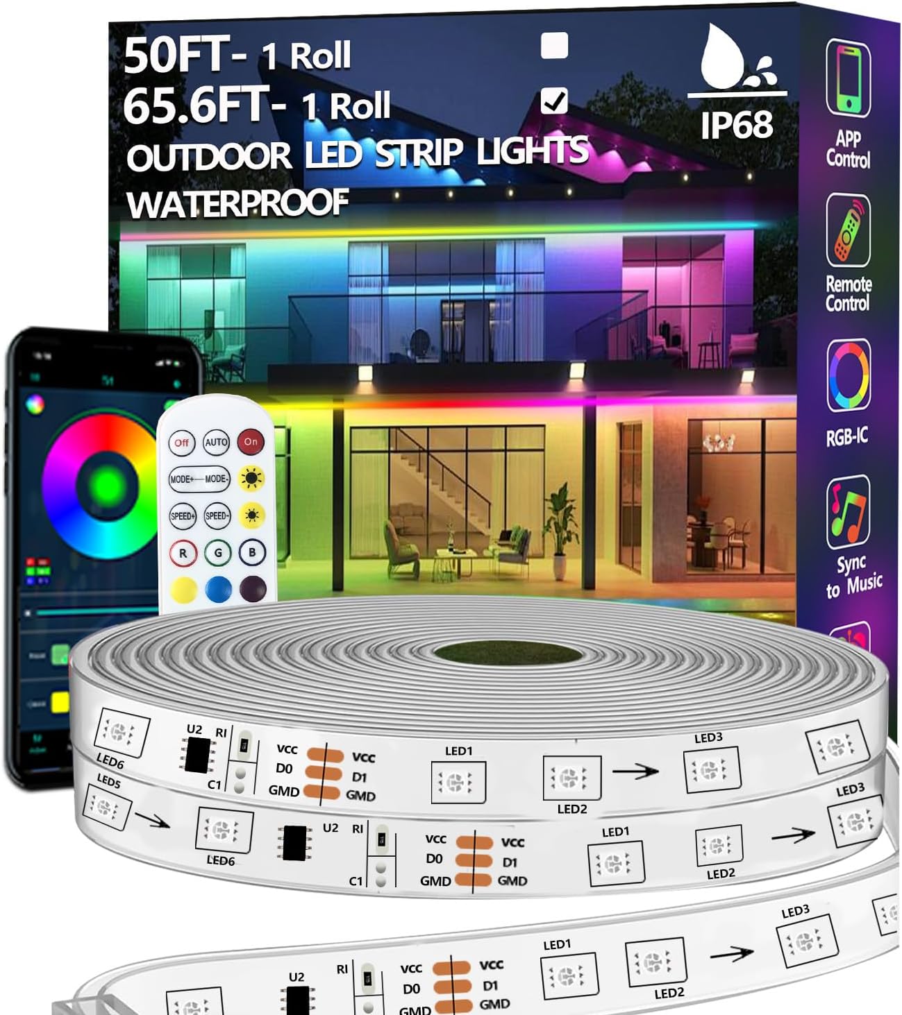 Bvokon 20M Outdoor LED Strip Light IP68 Waterproof,Outside RGB+IC Lights with App/Remote Control,Color Changing,Music Sync Rope Light for Balcony,Deck,Rooftop,Garden,Pool