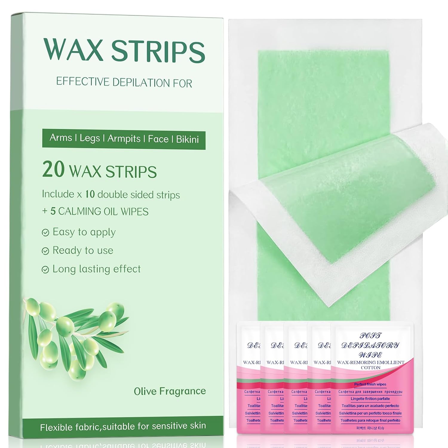 Wax Strips - Body Waxing Strips, Wax Kit for Women & Men - Brazilian Wax Kit, Back Waxing Kit, All Skin Types, Face, Arms, Legs, Armpits, Bikini, 98% Natural, Hypoallergenic Odourless, Green
