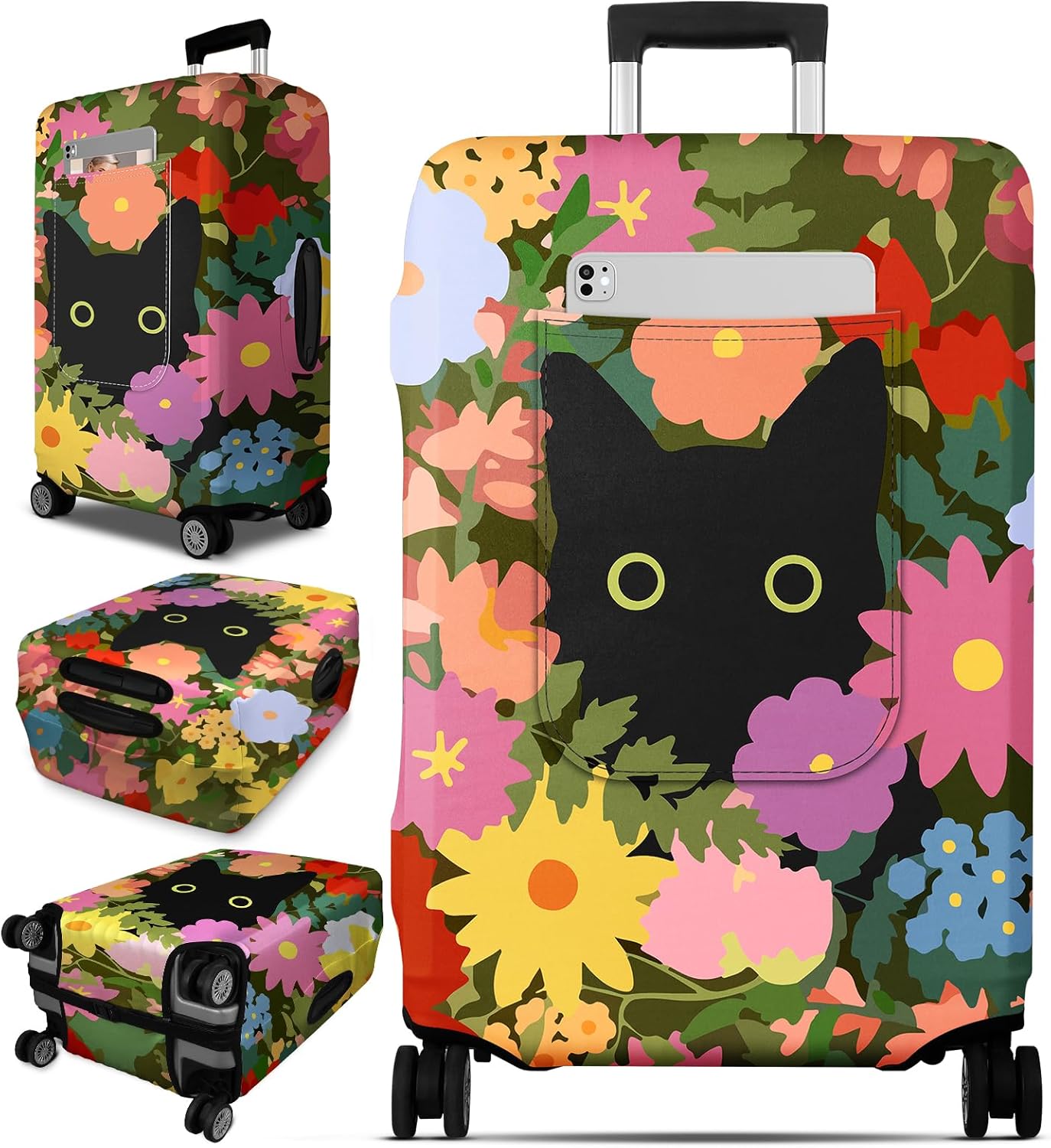 Slohif Luggage Cover for Suitcase Tsa Approved Protector - Cat Luggage Sleeve Large Suit Case Cover Travel Stretch Baggage Case Protective Washable Fit 21-23 Inch Floral