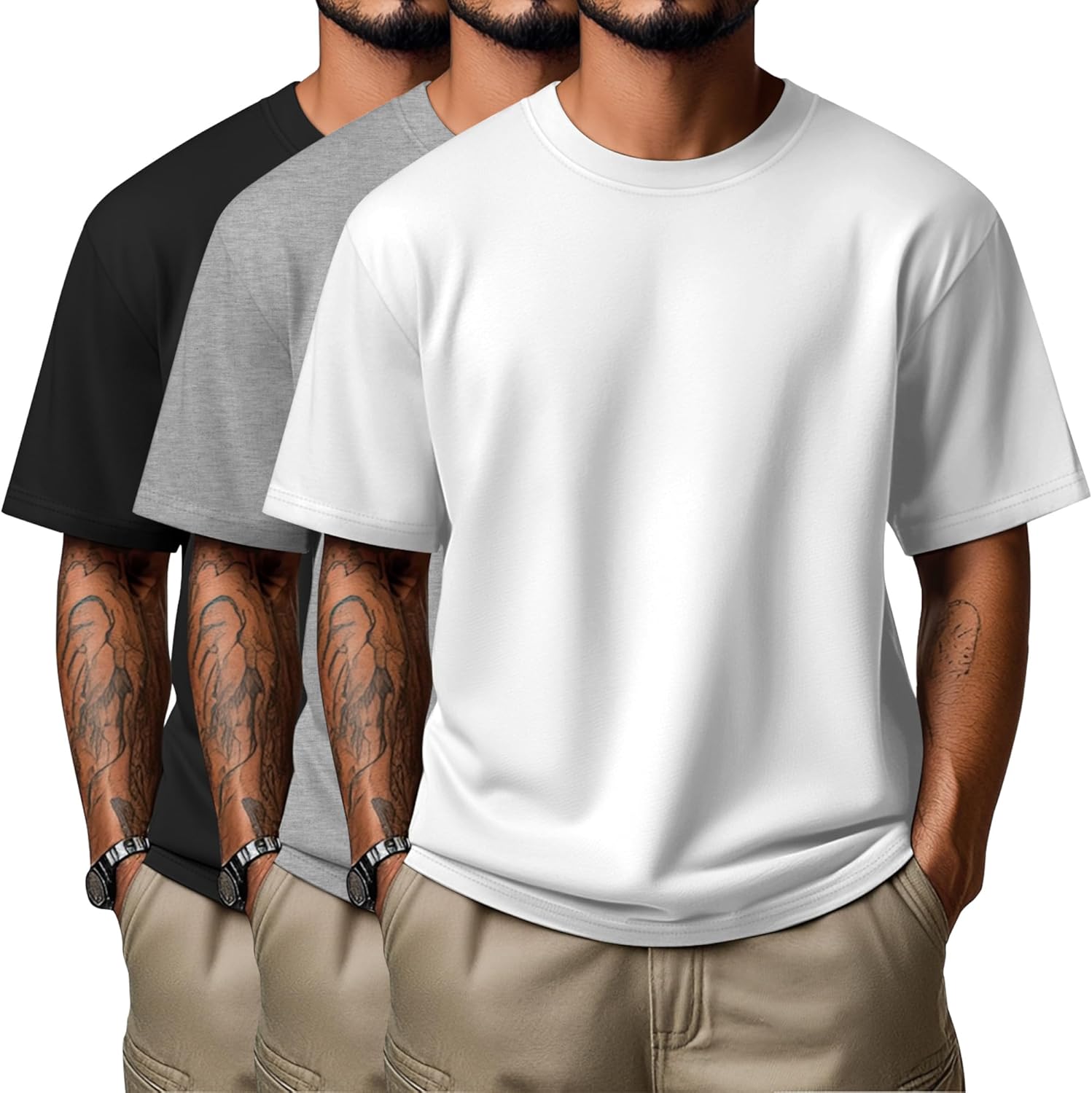 Neer 3 Pack Men's Round Neck T Shirts 95% Cotton M-7xl Big Tall Regular Tees Soft Short Sleeve 2025 Summer Basic Tops