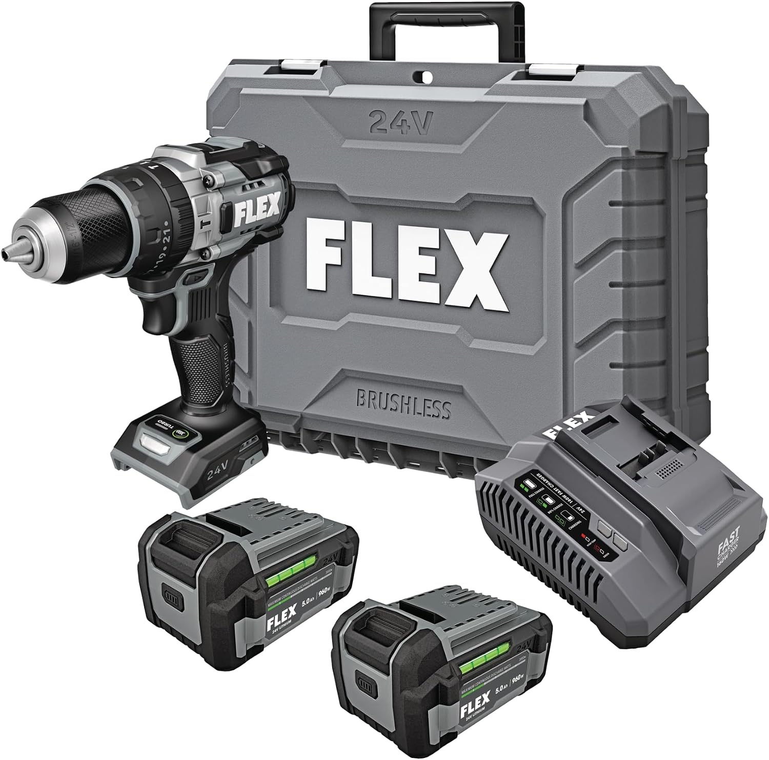 FLEX 24V Brushless Cordless 1/2-Inch 1,500 In-Lbs Torque 2-Speed Hammer Drill Turbo Mode Kit with (2) 5.0Ah Lithium Batteries and 160W Fast Charger - FX1272T-2C