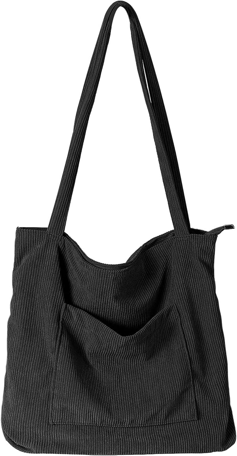 WantGor Women Corduroy Tote Bag, Large Shoulder Hobo Bags Casual Handbags Big Capacity Shopping Work Bag (Black)