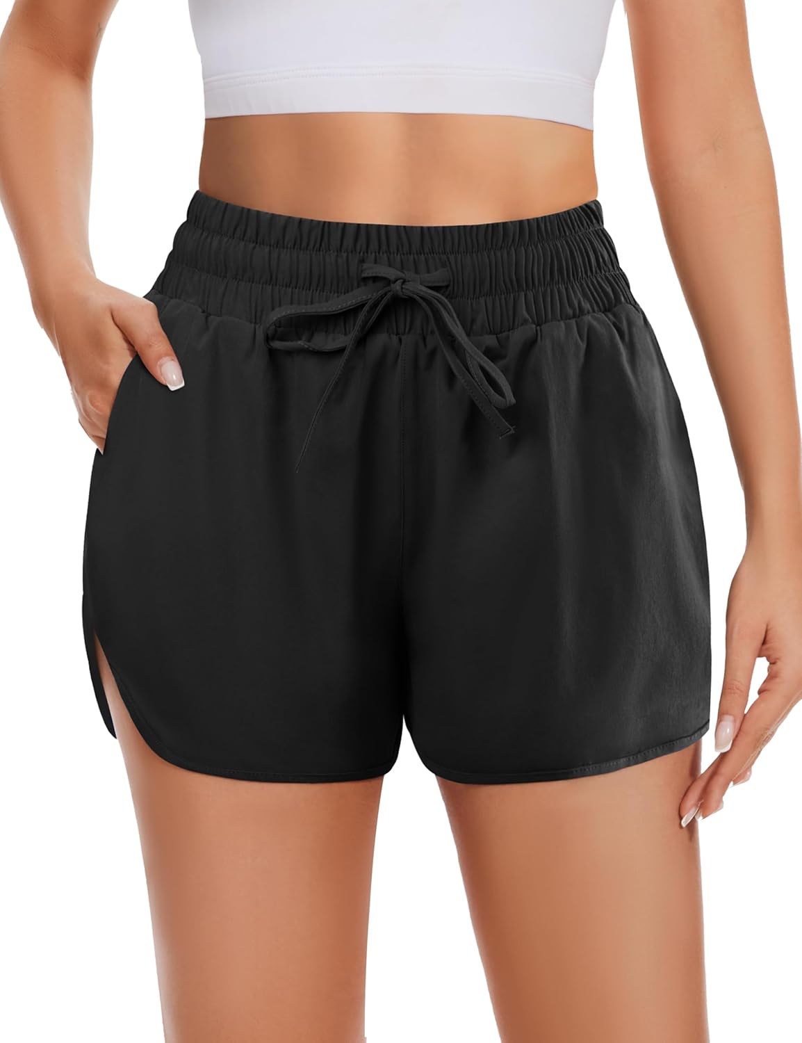 High Waisted Running Shorts for Women with Pockets, 2.5" Black Athletic Workout Gym Yoga Spandex Dolphin Shorts