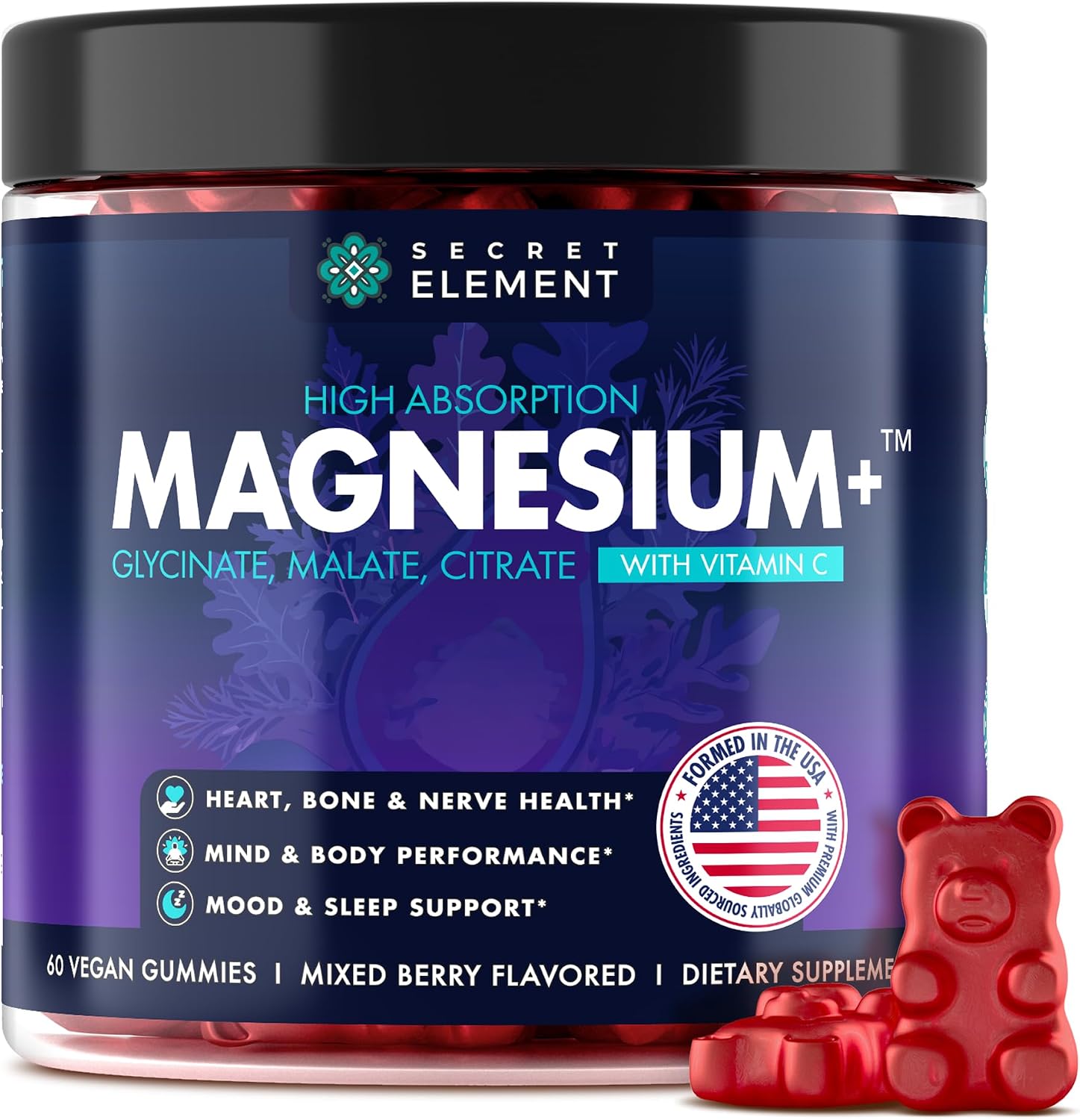 Magnesium Gummies, Glycinate, Citrate, Malate, 60 Ct, Mixed Berry Flawor