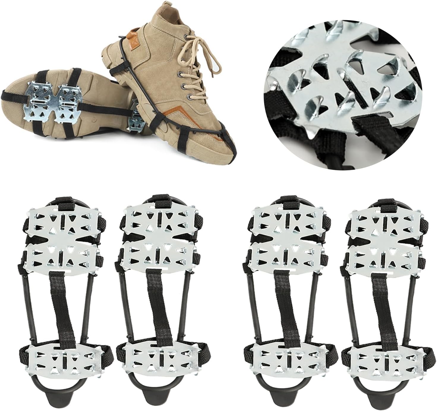 2 Pairs Crampons Ice Cleats for Shoes and Boots Universal 24 Steel Studs Snow Shoe Spikes Non Slip Snow Ice Grippers for Walking, Fishing, Climbing and Winter Hiking