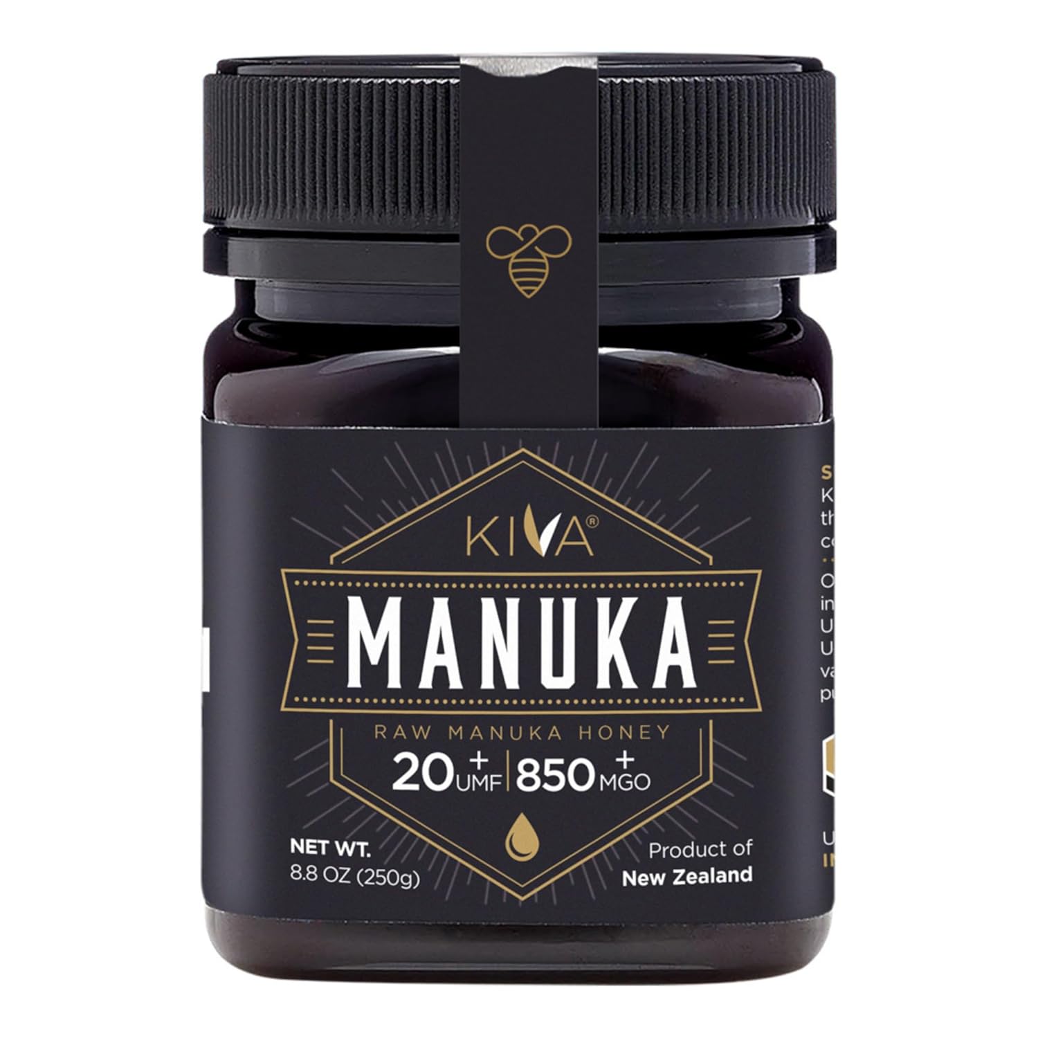 Kiva Raw Manuka Honey Certified UMF 20+, MGO 850+ 100% Pure New Zealand Honey - Non-GMO, Traceable, Non-Glyphosate (8.8 oz)