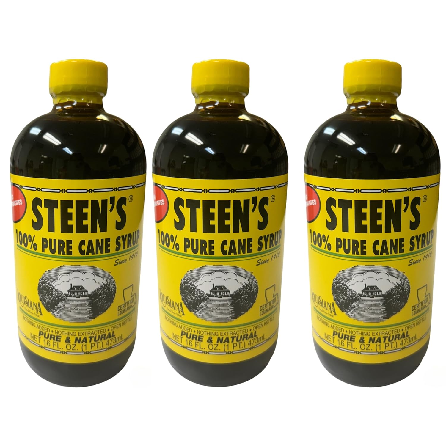 100% Pure Cane Syrup 16fl. Oz (Pack of 3) - No Additives - No Preservatives - Pure & Natural - Open Kettle - Louisiana's Trusted Brand for Over 100 Years - By Steen's