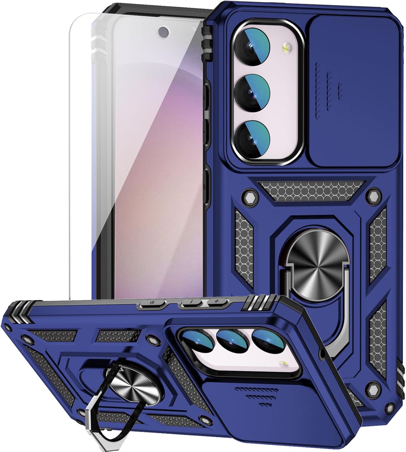 for Samsung Galaxy S23 FE Case with Slide Camera Cover HD Screen Protector [Military Grade 16ft. Drop Tested] Magnetic Ring Holder Kickstand Protective Phone Case for Galaxy S23 FE 5G 2023, Navy Blue