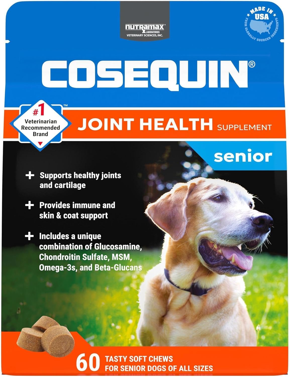Cosequin Senior Joint Health Supplement for Senior Dogs - With Glucosamine, Chondroitin, Omega-3 for Skin and Coat Health and Beta Glucans for Immune Support, 60 Soft Chews