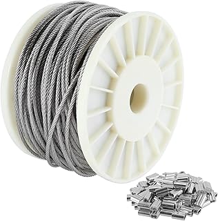 1/8 Inch 200 FT 316 Stainless Steel Wire Cable, 3mm x 60m Wire Rope, 7x7 Strand Construction Braided Aircraft Cable wiht 100 PCS Crimping Sleeves, 660lbs/300kg Breaking Strength