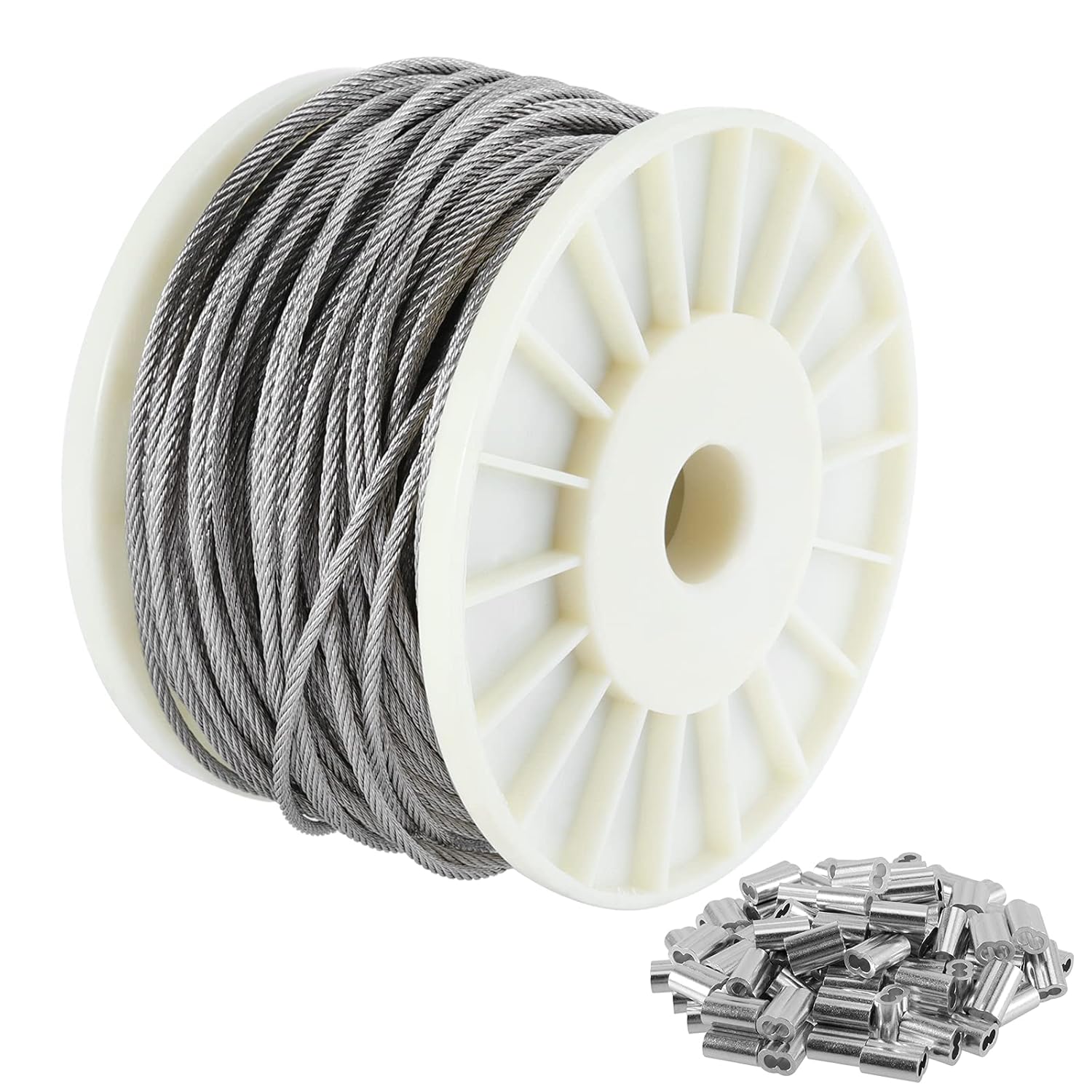 1/8 Inch 200 FT 316 Stainless Steel Wire Cable, 3mm x 60m Wire Rope, 7x7 Strand Construction Braided Aircraft Cable wiht 100 PCS Crimping Sleeves, 660lbs/300kg Breaking Strength