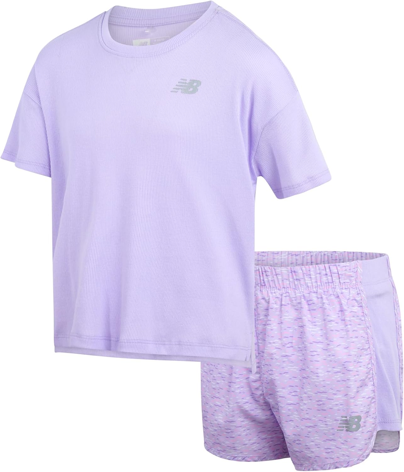 New Balance Girls Active Shorts Set - 2 Piece Performance Ribbed T-Shirt and Shorts - Cute Summer Outfit Set for Girls, 7-12