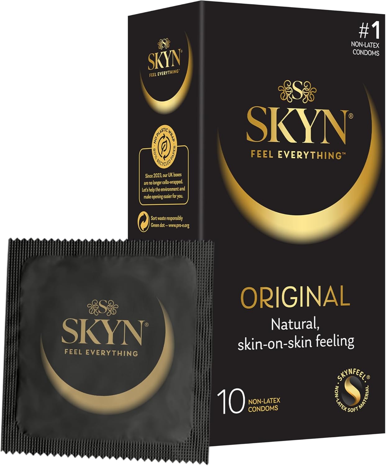 SKYN Original Condoms Pack of 10 SKYNFEEL Latex Free Condoms for Men, Regular Size, Strong & Thin, Smooth Straight Shape, Lubricated, 53mm Wide