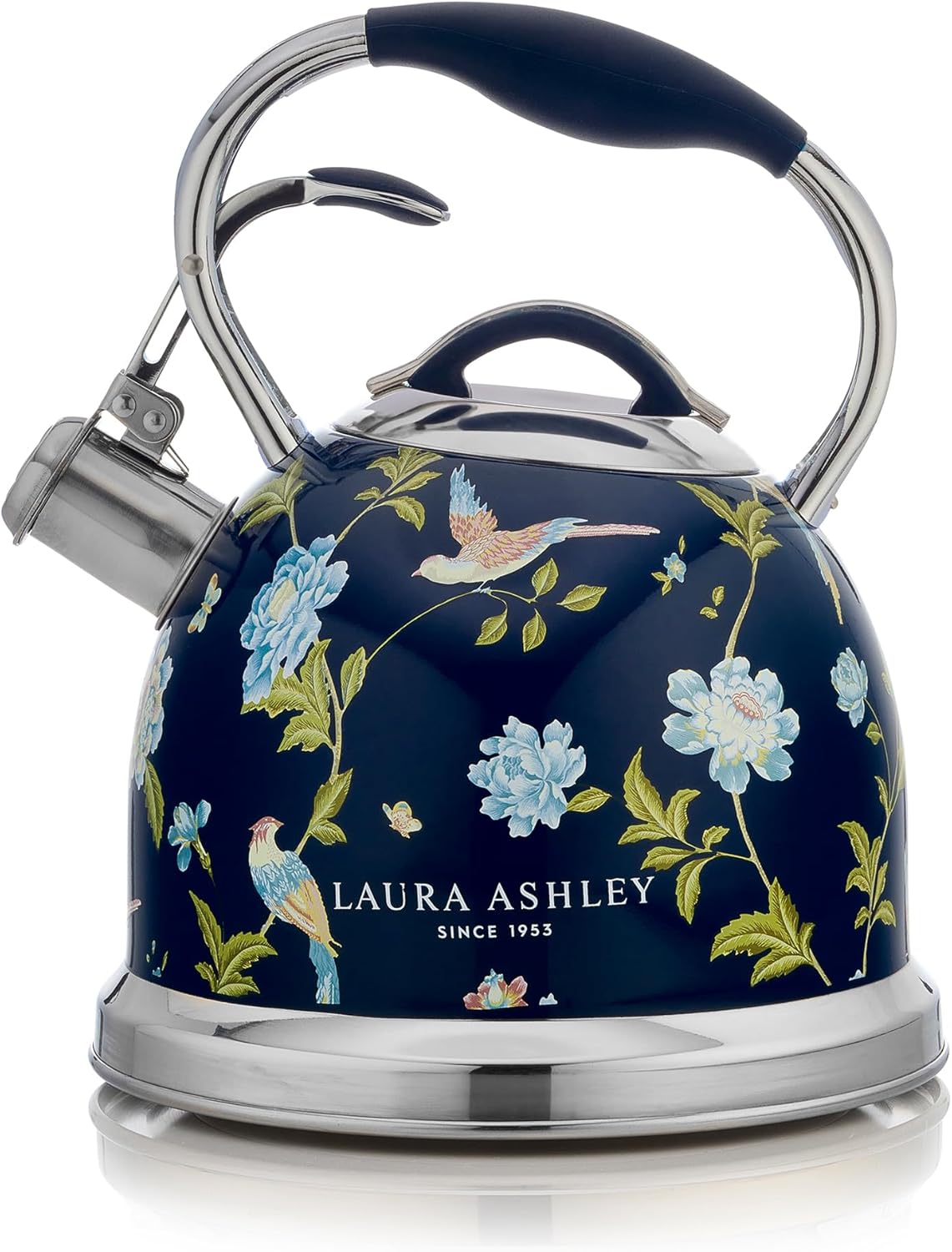 VQ Laura Ashley Elveden Navy 3L Stainless Steel Tea Kettle Stovetop Whistling Teapot for Induction, Gas Hob or others. Silicon Coated Cool Handle & Push Button Mechanism Vintage Stove Top Kettle