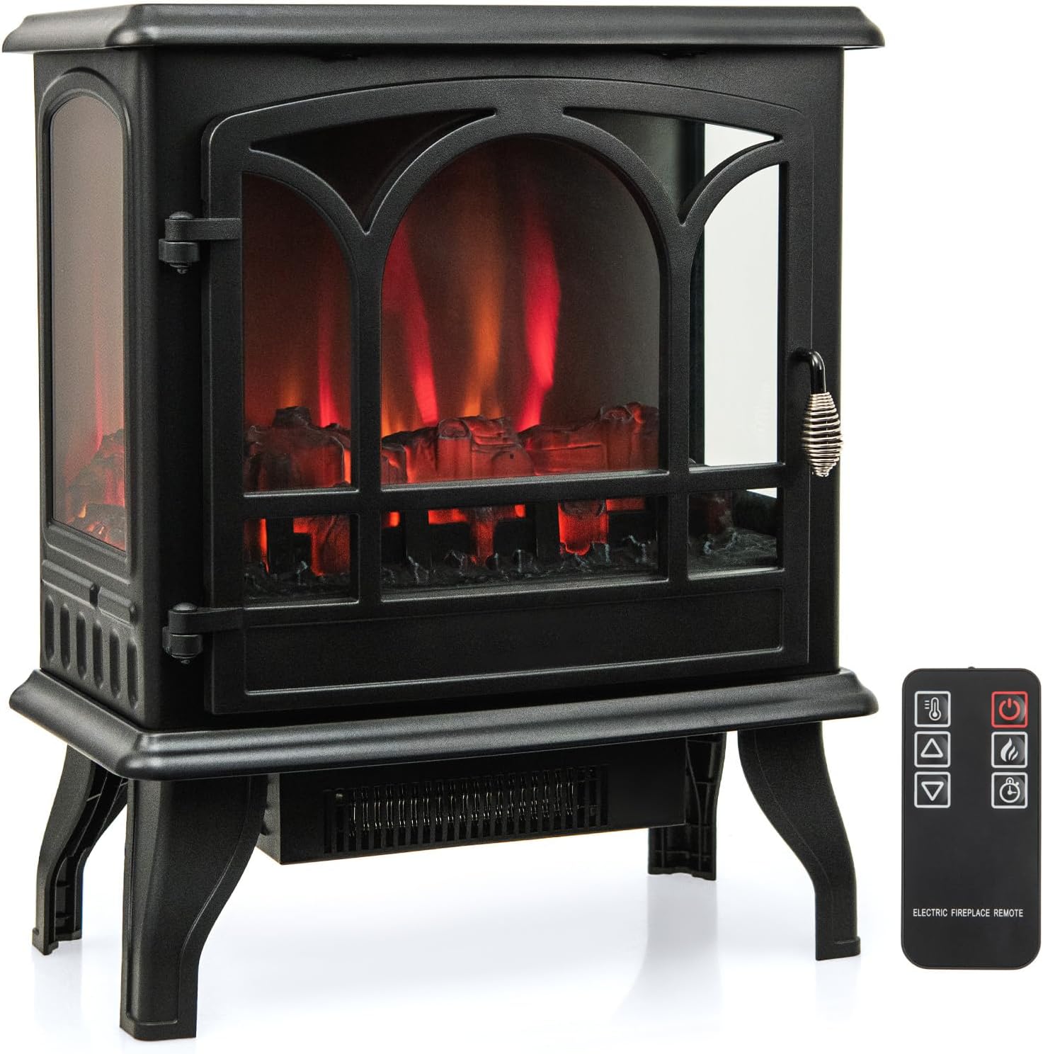 COSTWAY Electric Fireplace Stove with 3-Sided View, Remote Control, 1400W Portable Freestanding Heater with Thermostat, 3-Level Brightness, Timer, Overheat Protection, CSA Certification, Black