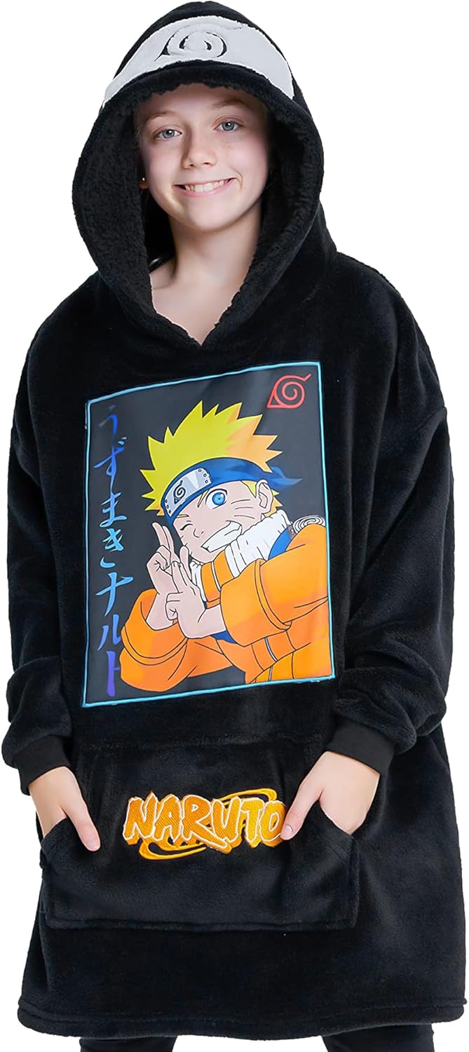 Naruto Oversized Hoodie Blanket for Kids, Anime Hoodie for Boys (Black)