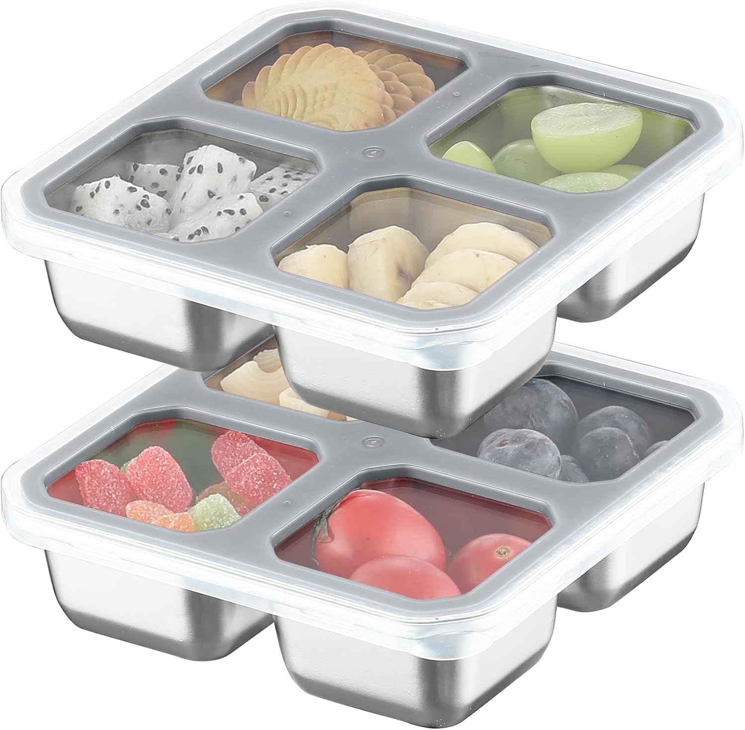 Misichao Stainless Steel Snack Boxes with 4 Compartments | Reusable Snack Containers Small Bento Lunch Box for Kids Adults Divided Meal Prep Containers for School Work and Travel 2 Pack