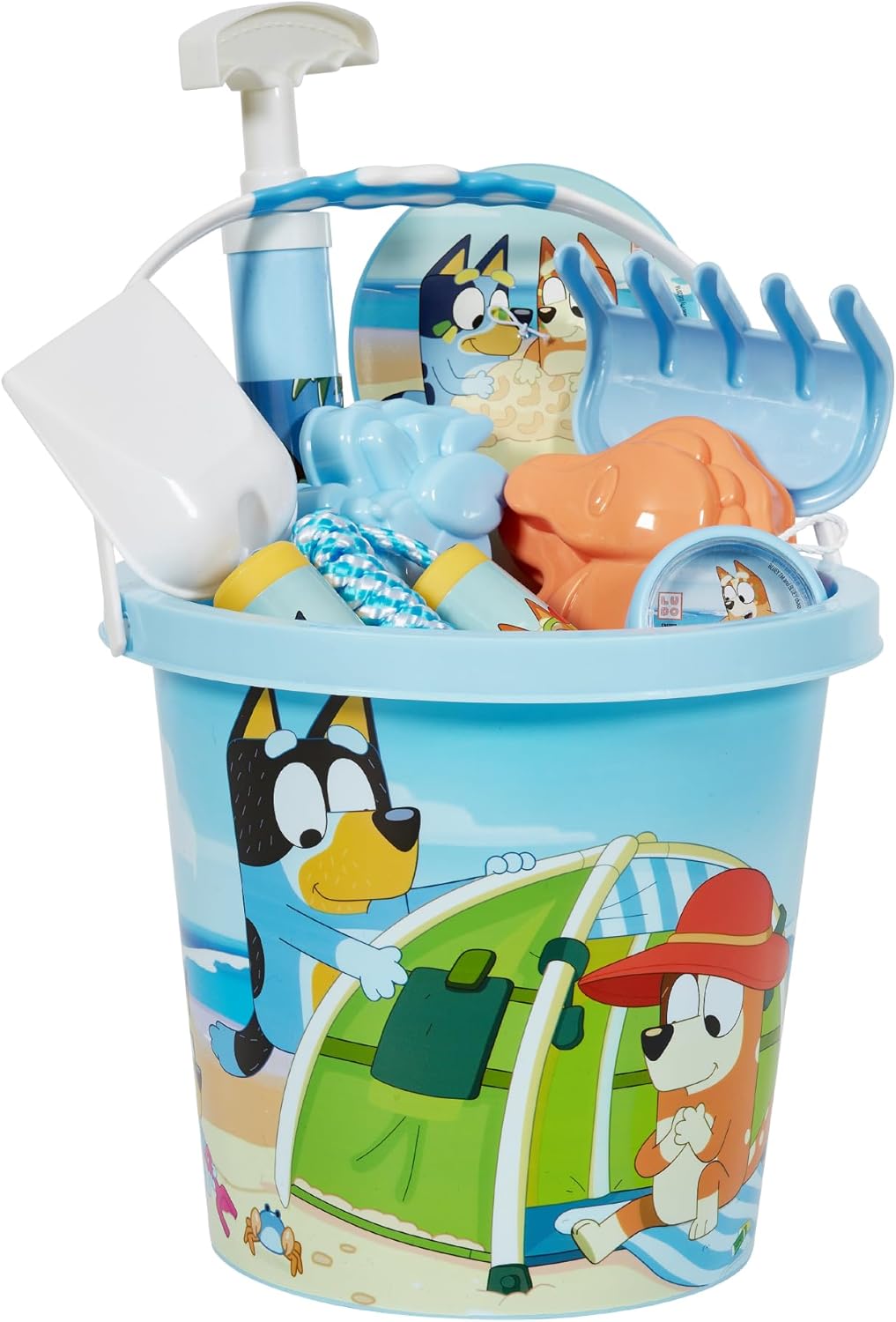 Little Kids BLUEY Beach Toys for Kids 9pc Beach Bucket and Sand Toys Set | Includes Bluey Beach Bucket, Shovel, Rake, 2 Sand Molds, 4 Bluey Toys – Sandbox Toys for Toddlers