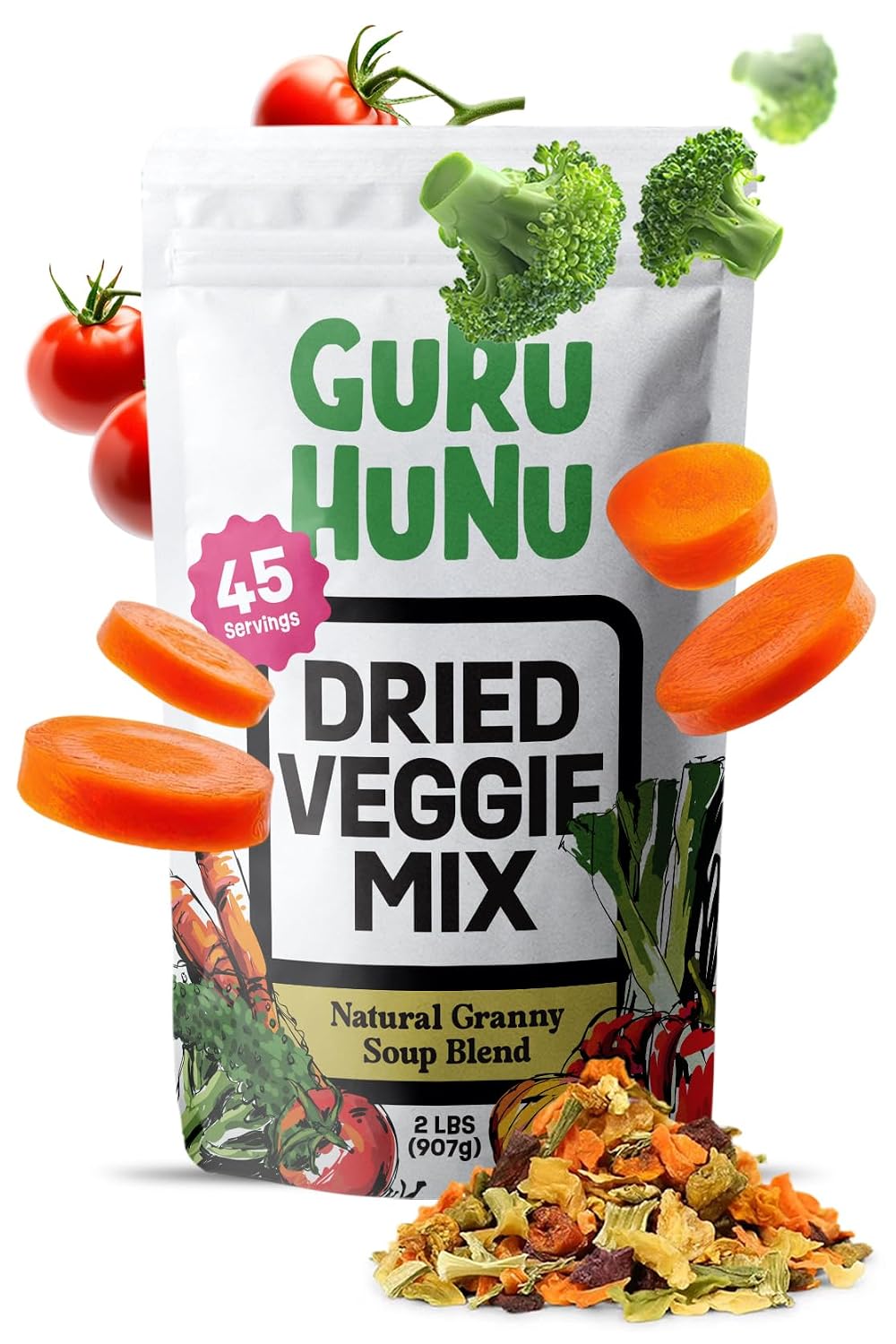 GURU HUNU Dehydrated Vegetables 2 lb – Premium Dried Vegetable Soup Mix with Tomato, Carrot, Onion & Bell Pepper | No Salt, No Additives | Camping Food, Emergency Supply, Ramen, Soup Topping