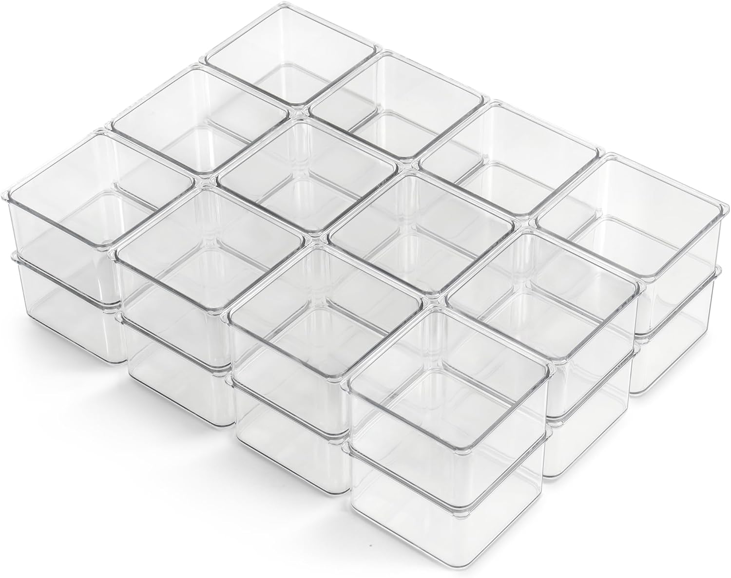 Hudgan 24 PCS Clear Plastic Drawer Organizer Set Stackable Square Vanity Organizers and storage for Makeup, Bathroom, Office Desk