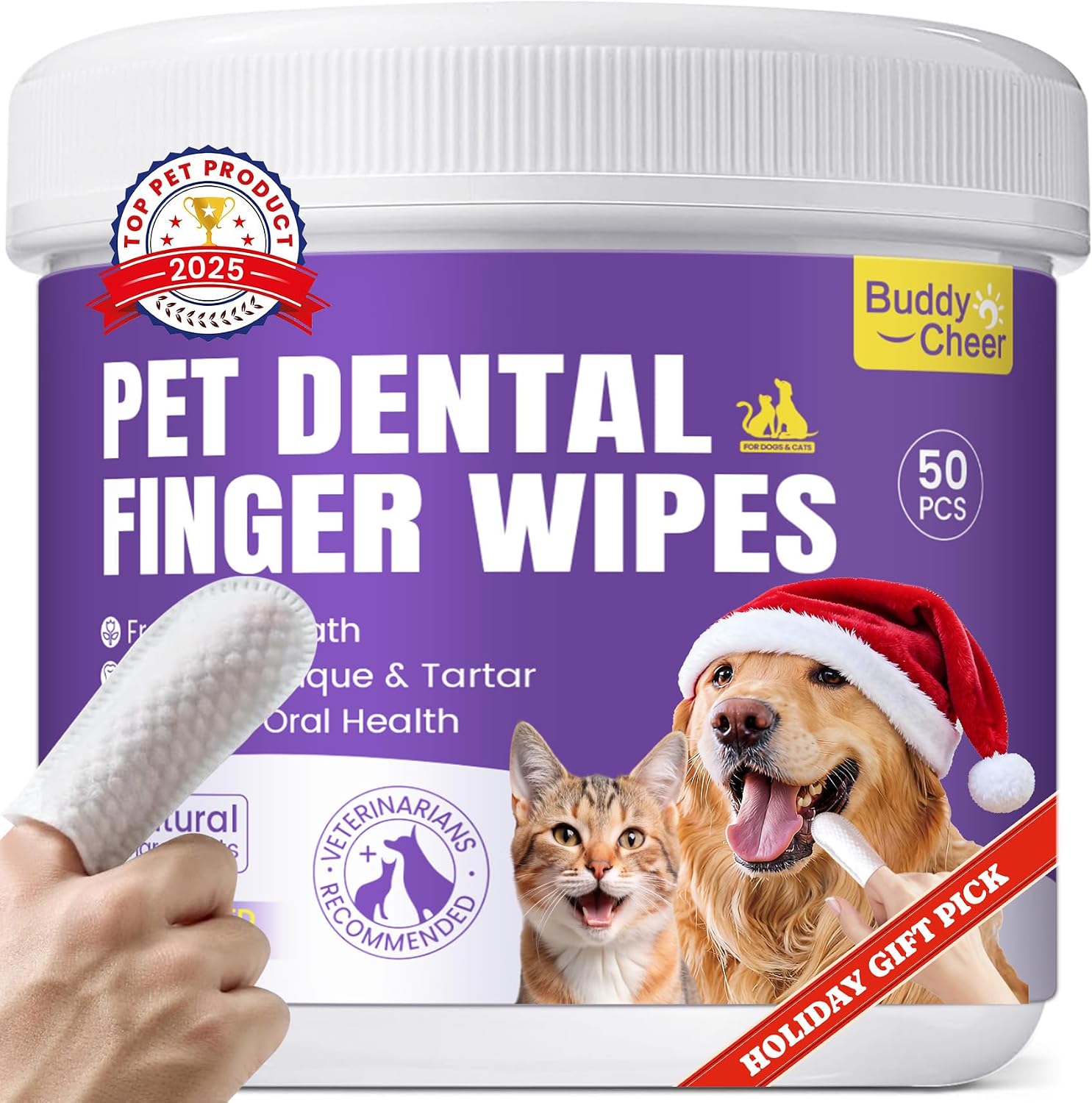 No-Rinse Dog Dental Care Wipes, Cat & Dog tooth brushing kit, Dog Wipes for Pet & Cat Teeth Cleaning, Dog toothbrush Finger Dental Wipes to Remove Plaque & Tartar, Disposable Dog Wipes - 50 Count