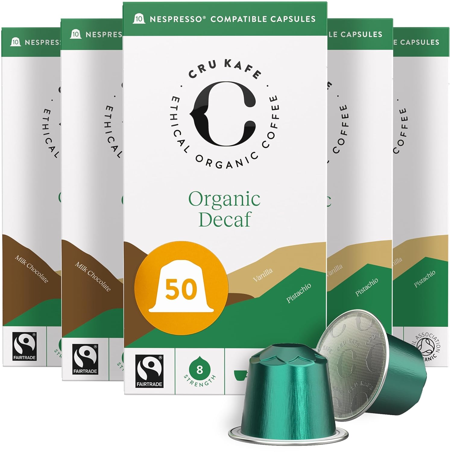 Cru Kafe Decaf USDA Organic Espresso Coffee Capsules (50 Pods) Fairtrade Coffee Pods Compatible with Nespresso Original Line and Pixie Machines