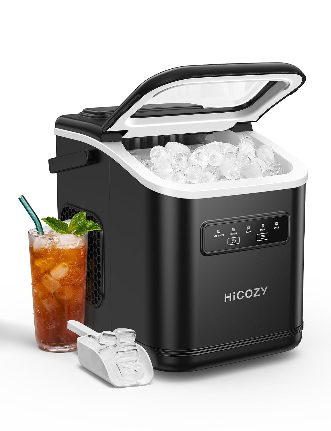HiCOZY D4 Ice Maker, Ice Machine with Self-Cleaning, Ice in 6Mins, 2 Sizes | Ice Maker Machine Countertop, Portable Ice Cube Maker with Handle, 12KG in 24H, Scoop & Basket for Home/Kitchen/Party/Bar