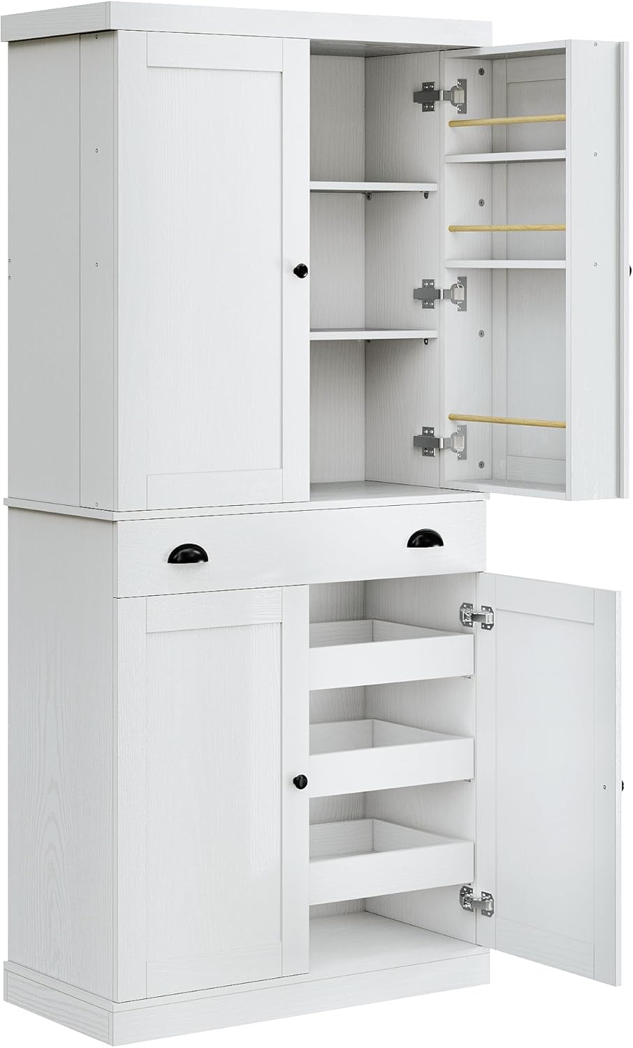 IRONCK Kitchen Pantry Cabinet 72" Height, Freestanding Cupboard with Drawer, Sliding Storage Rack, and 6 Hanging Shelves for Dining Room, Laundry, White