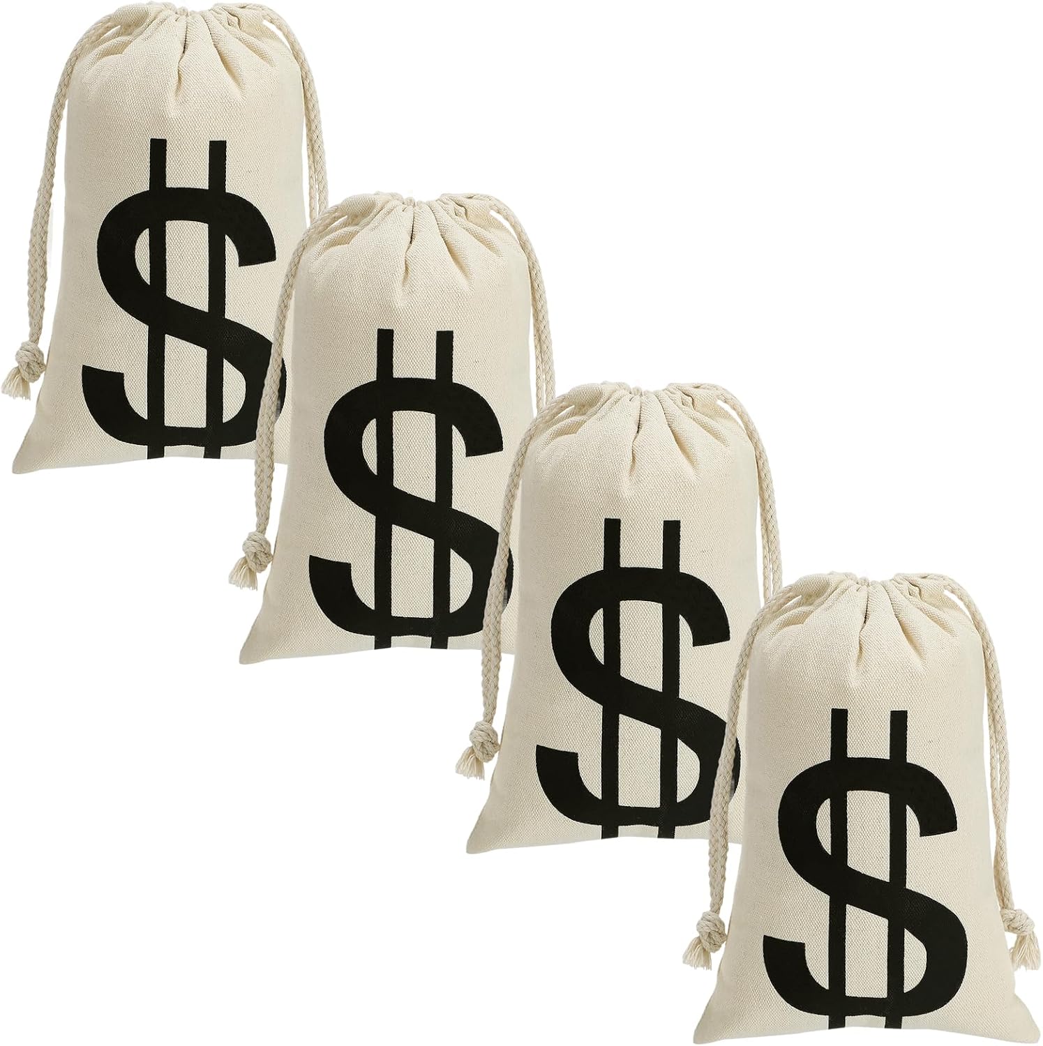 4Pcs 6.3 x 9 Inches Canvas Money Bags - Halloween Prop Money Bag with Dollar Sign, Money Sacks for Bank Robber Costume Pirate Cosplay Theme Party