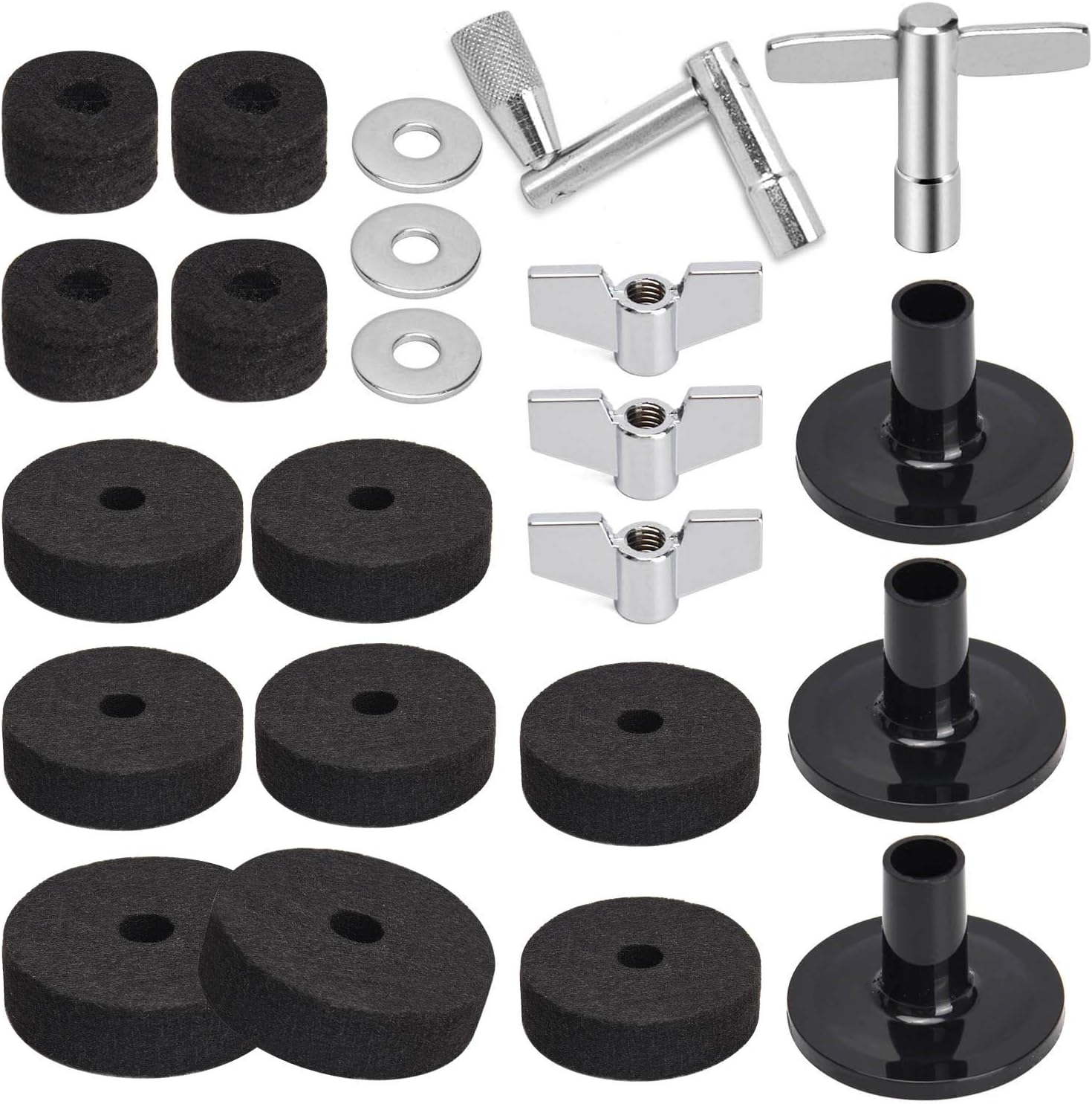 Facmogu 23PCS Cymbal Replacement Accessories, Cymbal Sleeves Accessory Set | Drum Cymbals Stand Felts, Drum Felt Pads Include Clutch Felts, Wing Nuts, Washers, Key | Replacement for Drum Set | Black