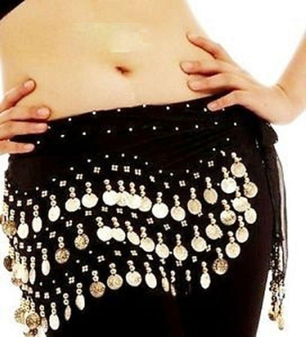 ck collection ltd 3 Rows Belly Dance Costume Belt Skirt Hip wrap Outfit Gold Coin Bead Scarf (Black)