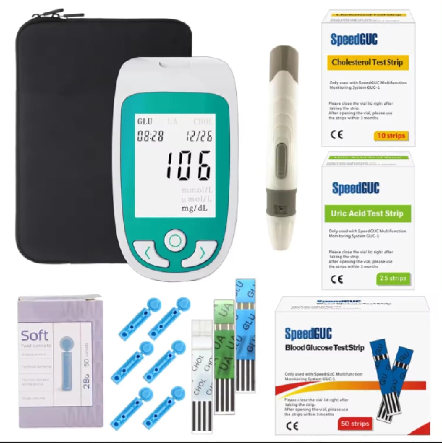3 in 1 Blood Tester Cholesterol Monitor Uric Acid Monitor Blood Sugar Monitor Triple Test Kit for Home with 50 Blood Sugar +25 Uric Acid +10 Cholesterol Test Strip Analyzer