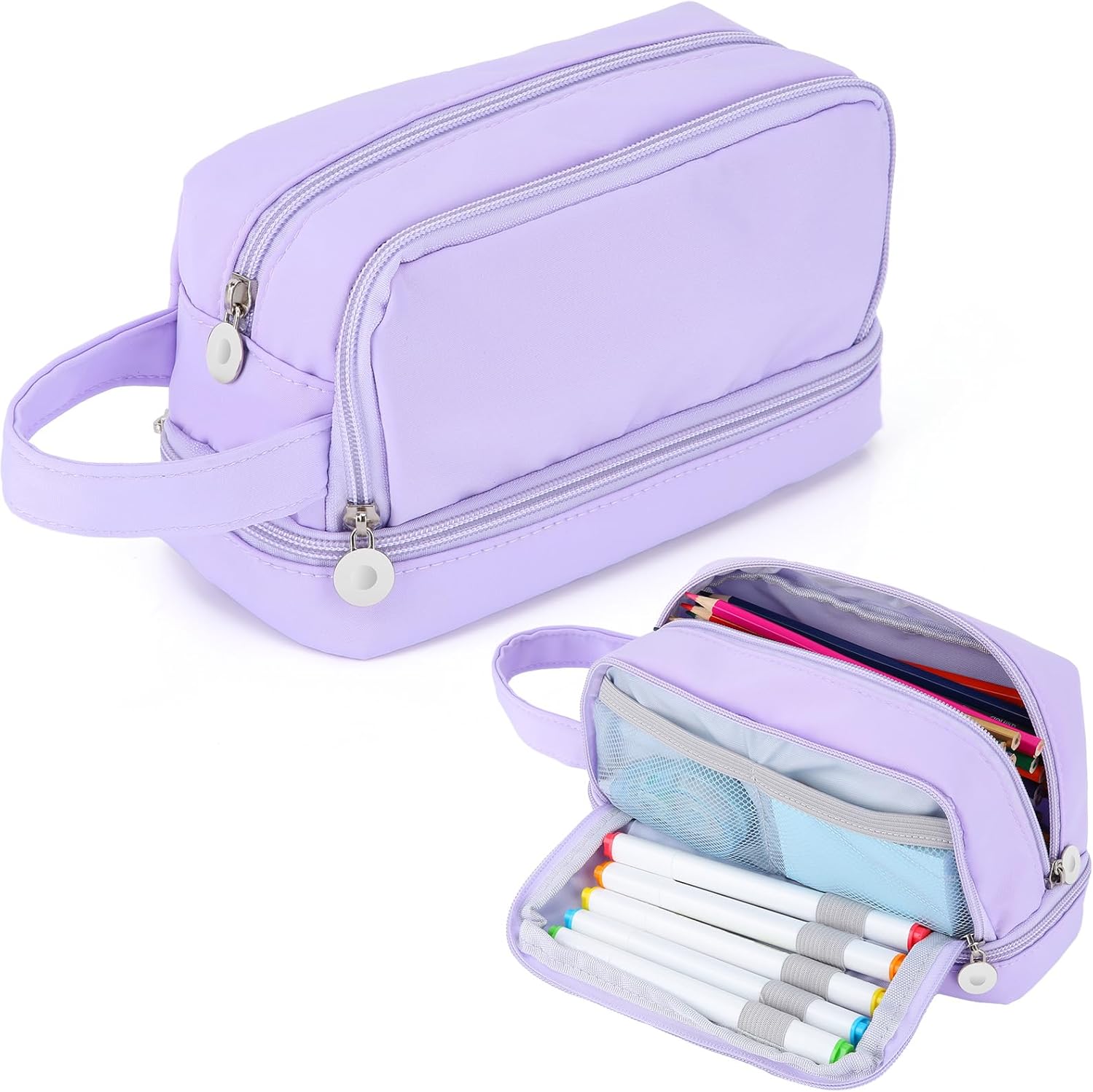 Alyvisun Large Capacity Pencil Case with 3 Compartments for Boys Girls, Desk Stationery Organizer Pencil Pouch with Handle, Portable Pencil Case for School Office Supplies (Purple)