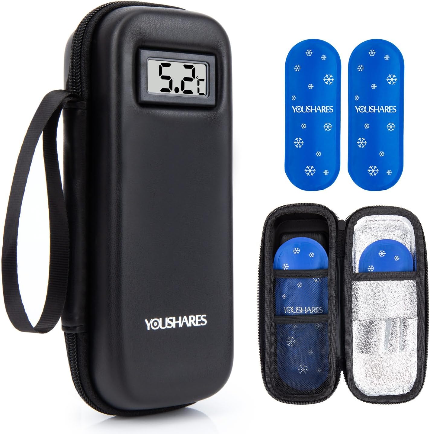 YOUSHARES Insulin Cooler Travel Case with Temperature Display - Insulin Pen Case with 2 Ice Packs TSA Approved, Small Insulated Medication Cool Travel Bag for Munjaro GLP-1 Injection Diabetes Supplies