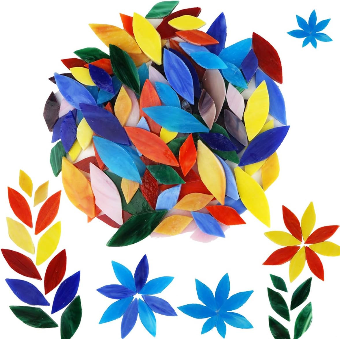 Bright Glass Petal Mosaic Tiles, Hand-Cut Stained Glass Flower Leaves Tiles for Crafts, 100 Pieces Assorted Size&Colors…