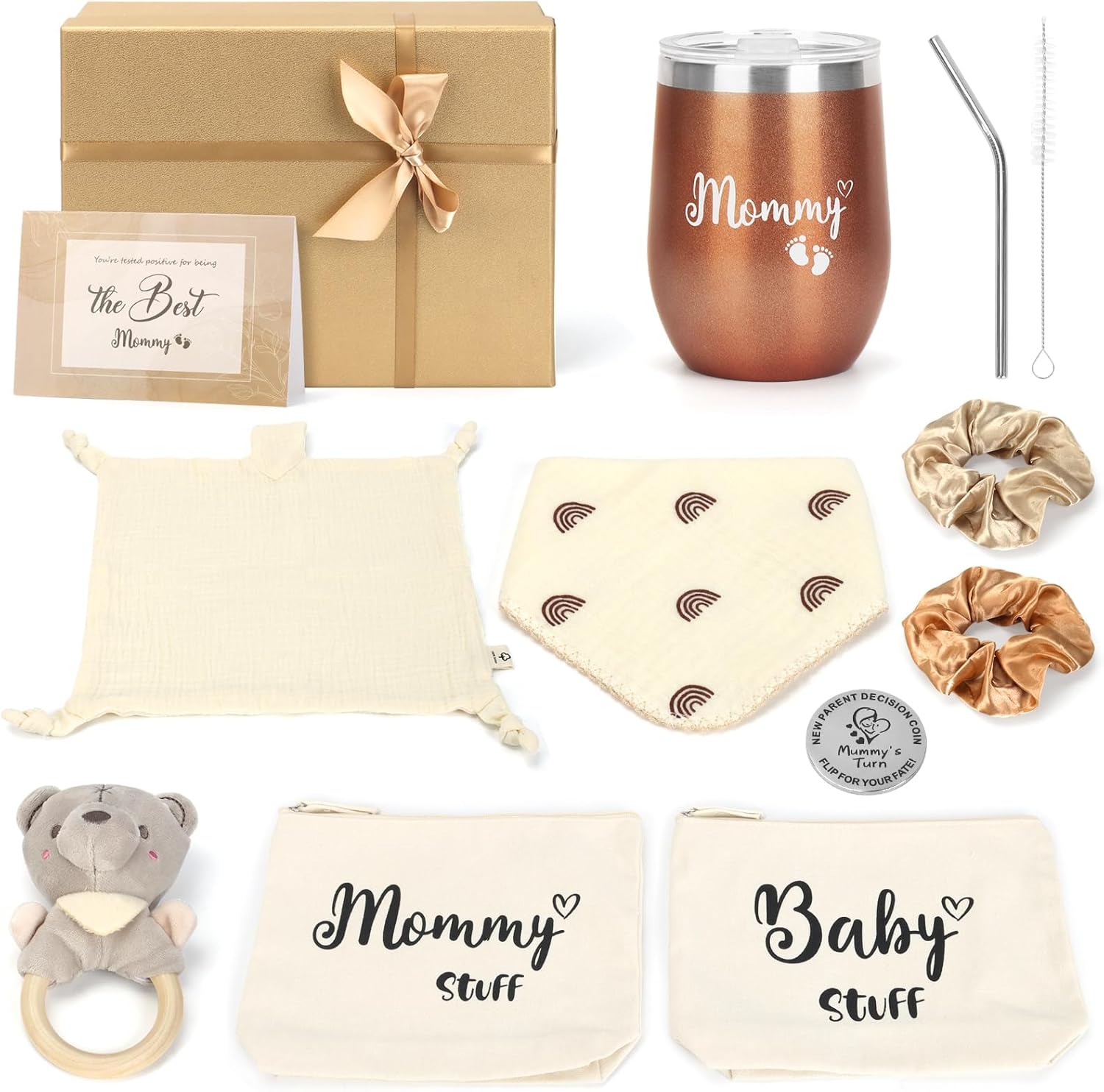 Baby Shower Gifts, Mum to Be Gifts, Newborn Baby Gifts Baby Hamper Set, New Mum Pamper Kit, Cup, Baby Bib, Rattle, Decison Coin, Christening Gifts for Girls Boys, Newborn Baby Essentials