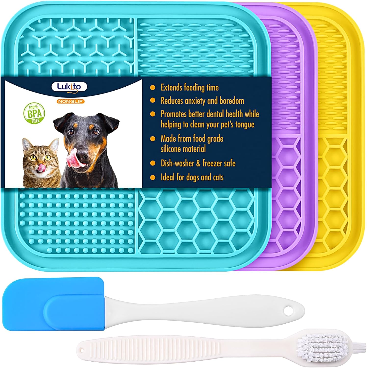 LUKITO 3PCS Lick Mat for Dogs and Cats, Licking Mat with Suction Cups for Anxiety Relief, Cat Peanut Butter Lick Pad for Boredom Reducer, Dog Enrichment Toy, Dog Lick Mat for Bathing Grooming