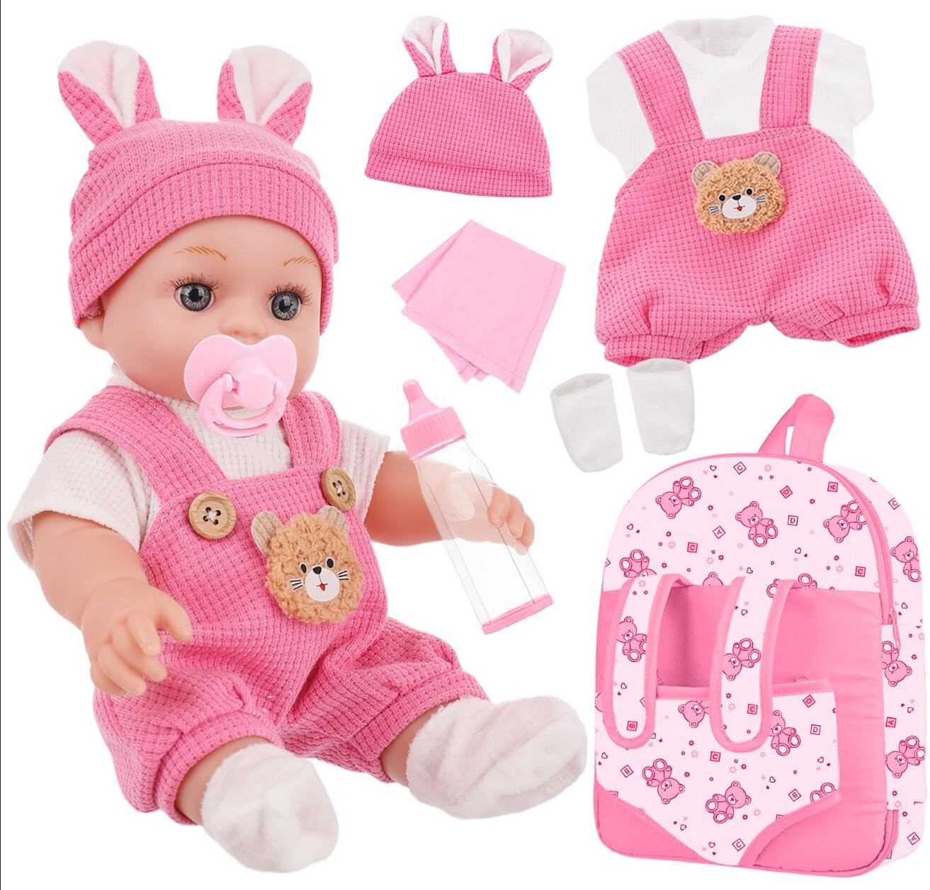 12 inch Girl Baby Doll with Pink Backpack Carrier
