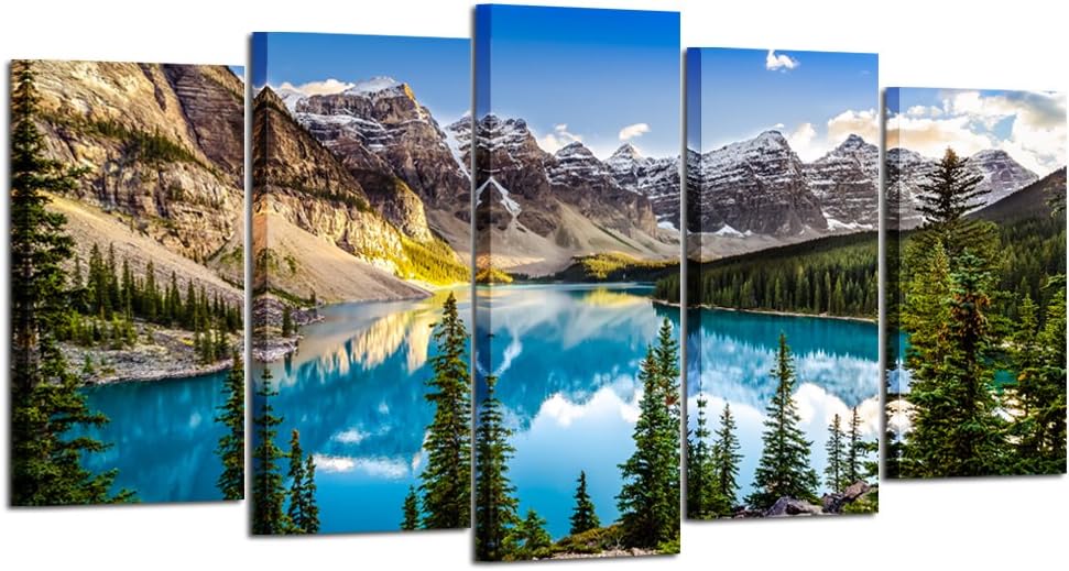 KREATIVE ARTS - 5 Pieces Canvas Prints Wall Art Canada Moraine Lake And Rocky Mountain Landscape Pictures Modern Canvas Painting Giclee Artwork For Home Decoration (Large Size 60x32inch)