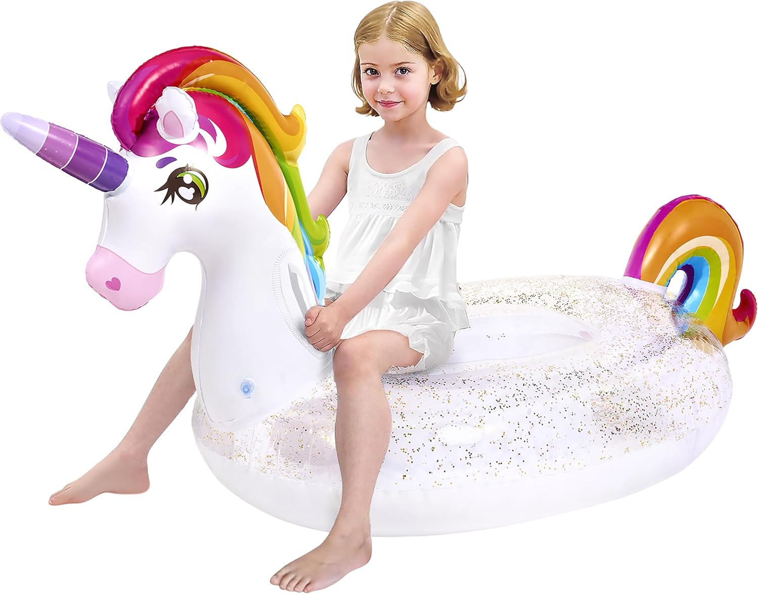 JOYIN Pool Inflatables for Kids, Unicorn Pool Float with Glitters Fun Pool Floats, Ride On Unicorn Beach Lake Floaties Raft Lounge, Summer Party Decorations Pool Toys for Kids (152.4 x 75 x 85cm)